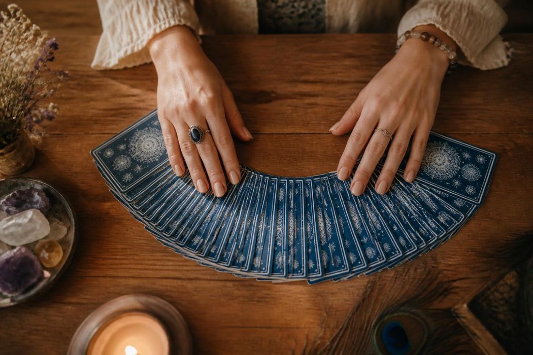 Hände legen Tarotkarten auf einem Holztisch aus