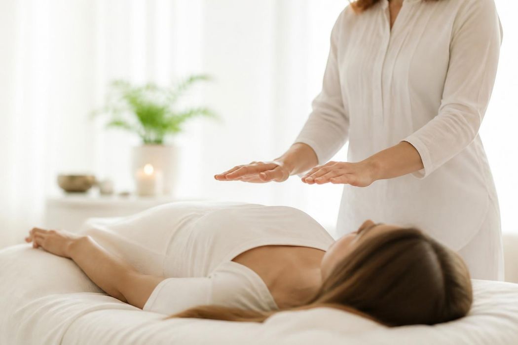 Reiki-Behandlung mit sanft aufgelegten Händen
